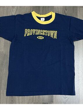 Vintage Don't Panic 1996 Provincetown Ringer Tee T Shirt Size Medium Blue